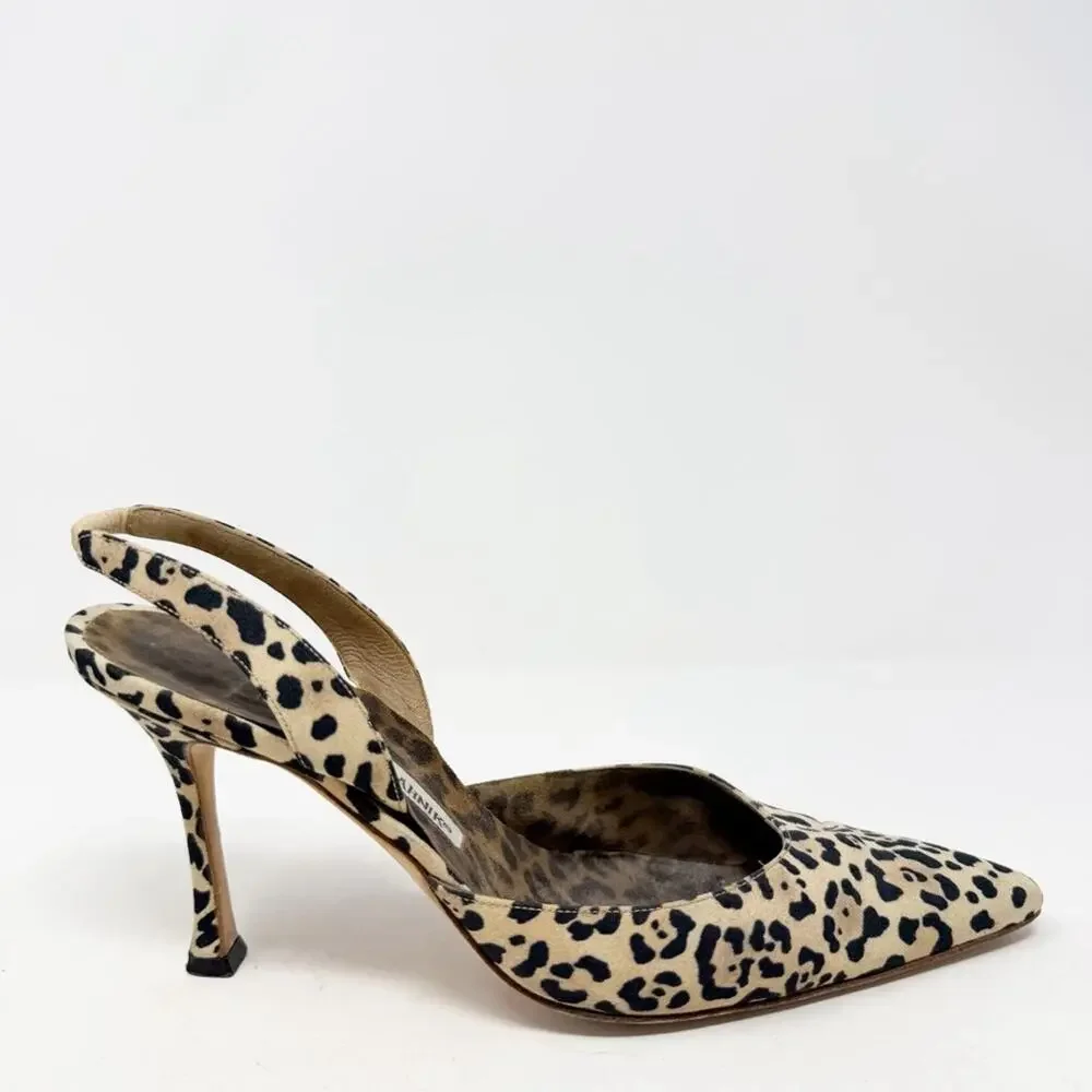Manolo Blahnik Carolyne Leopard Print Canvas Slingback Heels Womens Size EU 38.5 - Picture 4 of 9